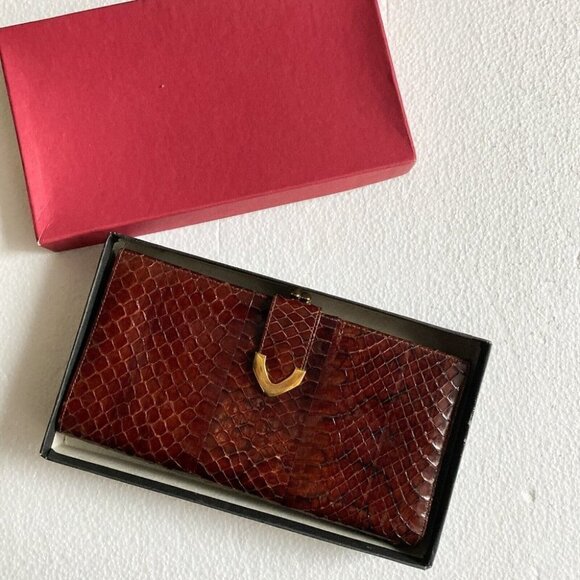 NIB  Vintage Lizard Skin Burgundy Brown Long Wallet w Coin Compartment - Picture 10 of 13